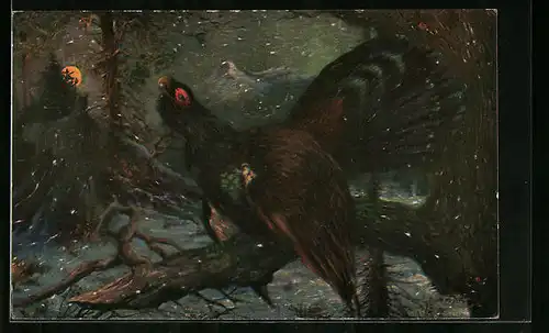 Künstler-AK Imita / A.S.-M. Leipzig Nr. 484: Auerhahn ruft während des Sonnenuntergangs