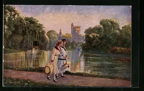 Künstler-AK Imita / A.S.-M. Leipzig Nr. 590: Mädchen mit Hüten spazieren im Park