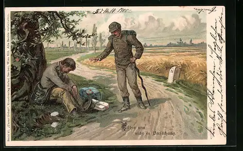 Künstler-AK E. Döcker: Erschöpfter Wanderer an einen Baum gelehnt