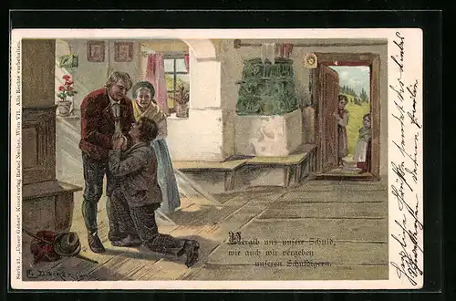 Künstler-AK E. Döcker: Mann bittet altes Ehepaar um Verzeihung
