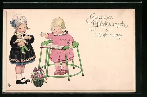 Künstler-AK Lia Döring: Mädchen mit Puppe gratuliert zum Geburtstag