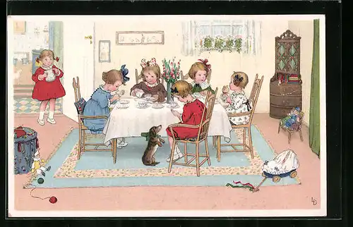 Künstler-AK Lia Döring: Kinder sitzen bei Tee und Kuchen am Tisch