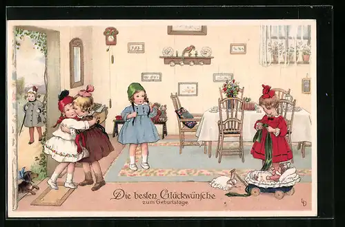 Künstler-AK Lia Döring: Kinder besuchen eine Freundin zum Geburtstag