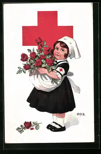 Künstler-AK P. O. Engelhard (P.O.E.): Kleine Rotes Kreuz-Schwester mit Rosengrüssen
