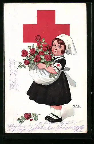 Künstler-AK P. O. Engelhard (P.O.E.): Kleine Rotes Kreuz-Schwester mit Rosengrüssen