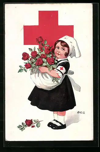 Künstler-AK P. O. Engelhard (P.O.E.): Kleine Rotes Kreuz-Schwester mit Rosen in der Schürze