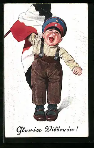 Künstler-AK P. O. Engelhard (P.O.E.) unsign.: Kleiner deutscher Soldat schreit Gloria Viktoria