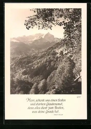 Foto-AK Ernst und Bernhard Groh: Bergwelt im Sonnenschein, Christlicher Sinnspruch von Adolf Heller