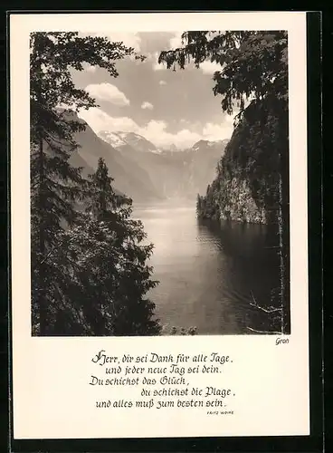 Foto-AK Ernst und Bernhard Groh: Panoramablick über einen Bergsee, Christlicher Sinnspruch von Fritz Woike