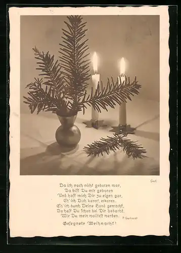 Foto-AK Ernst und Bernhard Groh: Tannenzweig und Kerzen, Christlicher Sinnspruch von P. Gerhardt