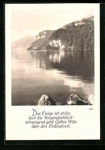 Foto-AK Ernst und Bernhard Groh: See im hellen Sonnenlicht, Christlicher Sinnspruch