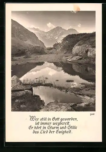 Foto-AK Ernst und Bernhard Groh: Am einsamen Bergsee, Christlicher Sinnspruch