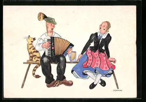 Künstler-AK Hahn: Paar beim gemeinsamen Musizieren
