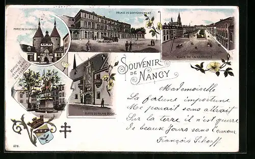 Lithographie Nancy, Palais du Gouvernement, Porte de la Graffe, Place de la Garriere