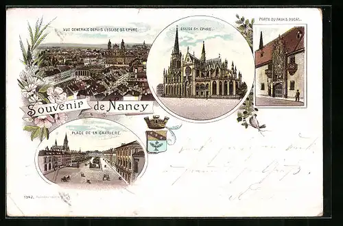 Lithographie Nancy, Vue Generale depuis L`Eglise St. Epvre, Porte du Palais Ducal