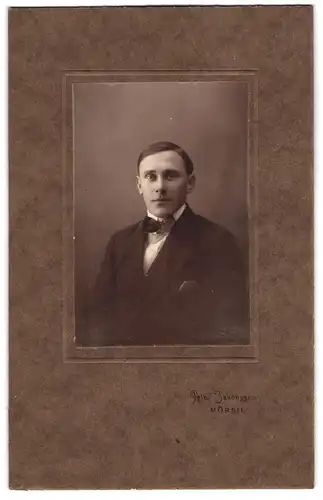 Fotografie Alb. Jakobsson, Mörsil, Junger Mann im Sonntagsstaat mit Fliege