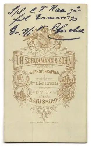 Fotografie Th. Schuhmann & Sohn, Karlsruhe, Amalienstrasse 57, Portrait Älterer Herr mit Schnurrbart