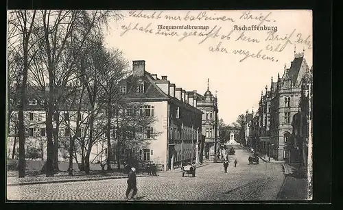 AK Aschaffenburg, Strasse mit Blick zum Monumentalbrunnen