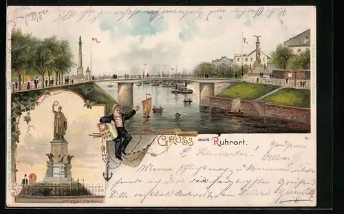 Lithographie Ruhrort, Brücke und Denkmäler, Krieger-Denkmal