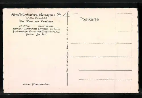 AK Remagen a. Rh., Hotel Fürstenberg am Rhein