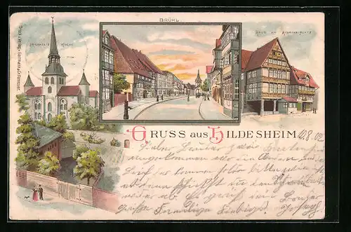 Lithographie Hildesheim, Haus am Andreas-Platz, Brühl, Michaelis Kirche