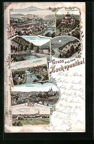 Lithographie Waldheim, Ortsansicht, Lauenhainer Mühle, Mittweida, Raubschloss