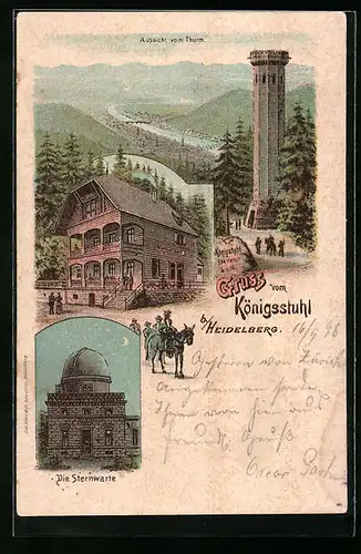 Lithographie Heidelberg, Gasthaus und Sternwarte auf dem Königsstuhl