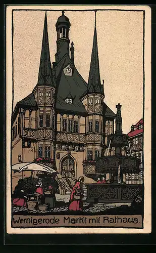 Steindruck-AK Wernigerode, Markt mit Rathaus