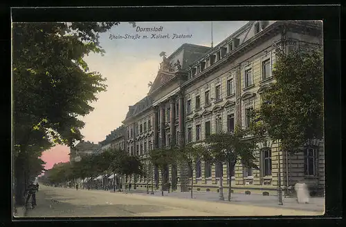 AK Darmstadt, Rhein-Strasse m. Kaiserl. Postamt