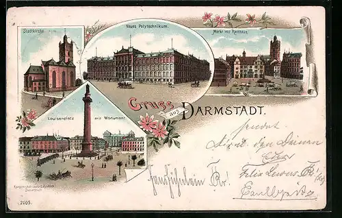 Lithographie Darmstadt, Neues Polytechnikum, Markt mit Rathaus, Stadtkirche