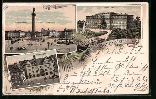 Lithographie Darmstadt, Louisenplatz mit Monument, Neues Palais, Marktplatz