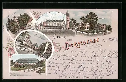 Lithographie Darmstadt, Saalbau, Kath. Kirche m. Wilhelminenstrasse, Ludwigshöhe