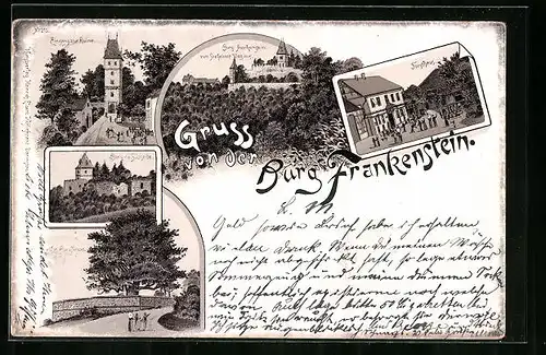 Lithographie Mühletal, Burg Frankenstein, Forsthaus, Eingang zur Ruine