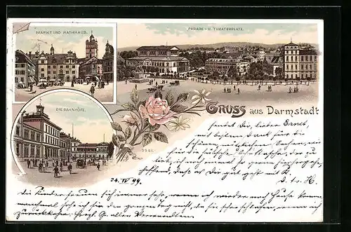 Lithographie Darmstadt, Parade- u. Theaterplatz, Markt und Rathaus, Die Bahnhöfe