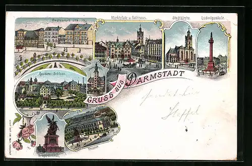 Lithographie Darmstadt, Restaurant Jls., Marktplatz u. Rathaus, Stadtkirche