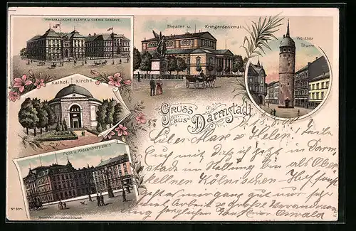 Lithographie Darmstadt, Theater u. Kriegerdenkmal, Weisser Turm, Kath. Kirche