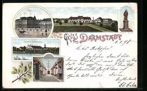 Lithographie Darmstadt, Post, Denkmal Landgraf Georg I., Schloss Kranichstein