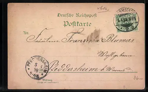 Lithographie Darmstadt, Post, Denkmal Landgraf Georg I., Schloss Kranichstein