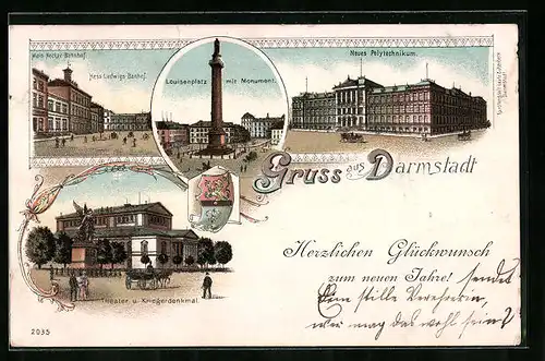 Lithographie Darmstadt, Louisenplatz mit Monument, Main Neckar-Bahnhof, Hess.-Ludwigs-Bahnhof