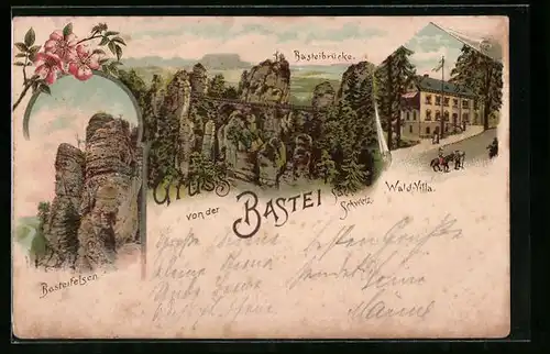 Lithographie Bastei /Sächsische Schweiz, Basteibrücke, Basteifelsen, Wald-Villa