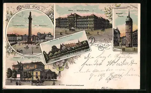 Lithographie Darmstadt, Louisenplatz mit Monument, Neues Polytechnikum, Weisser Turm