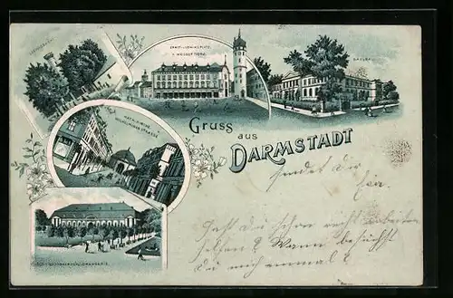 Lithographie Darmstadt, Saalbau, Kath. Kirche u. Wilhelminenstrasse, Ludwigshöhe