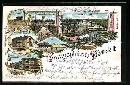 Lithographie Darmstadt, Übungsplatz, Baracken-Lager, Preussisches Stabsgebäude