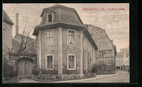 AK Mühlhausen i. Th., Syndikats-Haus, Strassenpartie