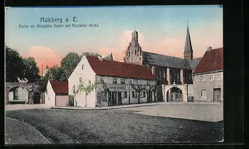 AK Mühlberg a. E., Strassenpartie am Altstädter Markt mit Altstädter Kirche