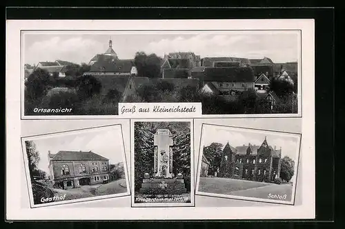 AK Kleineichstedt, Ortsansicht, Gasthof, Kriegerdenkmal, Schloss