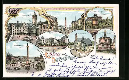 Lithographie Darmstadt, Marktplatz, Rheinstrasse, Martinskirche, Schloss