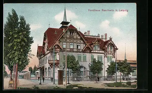 AK Raschwitz b. Leipzig, Gasthof Forsthaus von der Strasse gesehen