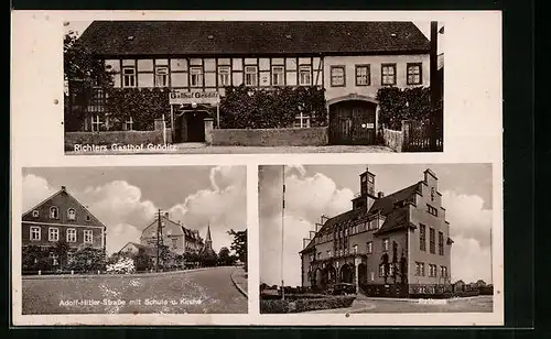 AK Gröditz, Gasthof Richter, Strasse mit Schule und Kirche