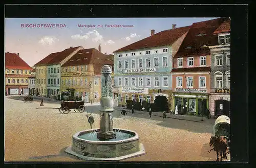 AK Bischofswerda, Marktplatz mit Paradiesbrunnen